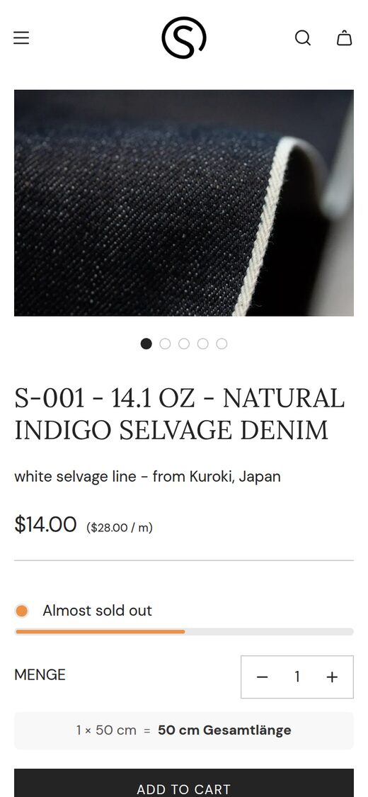 Selvage Denim product page on mobile